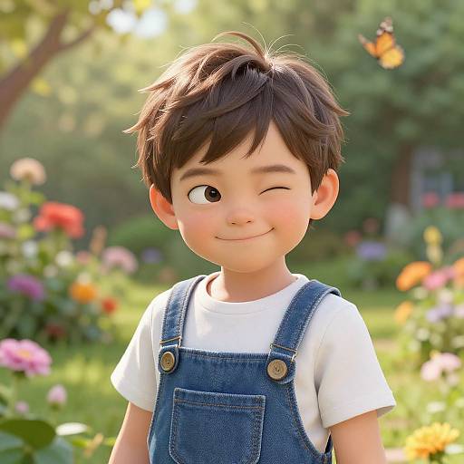Playful Boy Smirking in Sunlit Garden