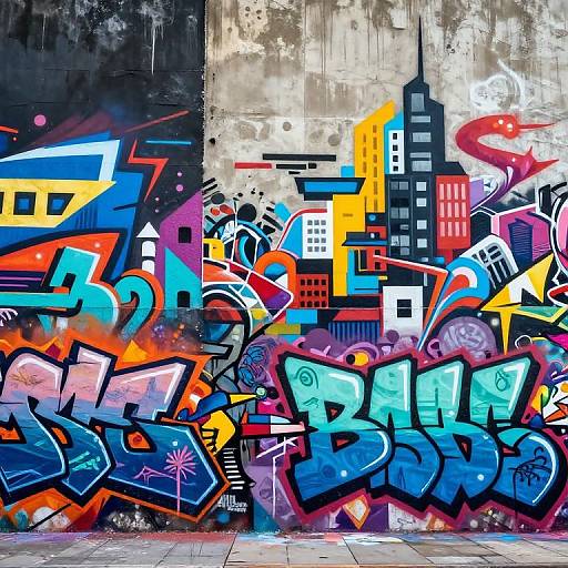 Vibrant graffiti mural on a concrete wall, featuring bold, colorful urban tags, abstract cityscape, and dynamic geometric shapes in blue, red,