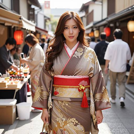 Photograph of an Asian woman with long brown hair, wearing a brown and gold floral kimono with a red obi, standing in a bustling outdoor