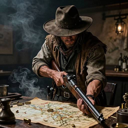 Photograph: Smoky tavern scene of rugged, bearded man in cowboy hat and worn clothes, firing a shotgun at a map on a wooden table