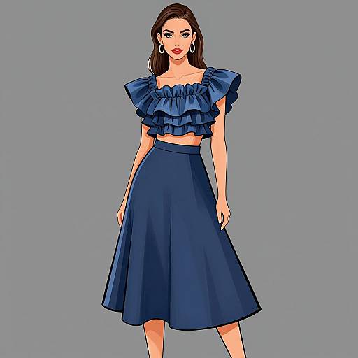 Digital illustration of a woman with straight brown hair, wearing a blue ruffled crop top and matching knee-length skirt, against a gray background.