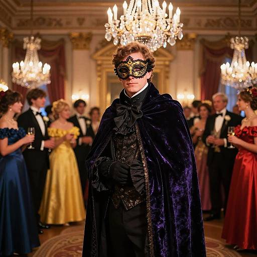 Photograph of a young man in a black masquerade mask and dark velvet cloak, standing in an opulent ballroom with chandeliers,