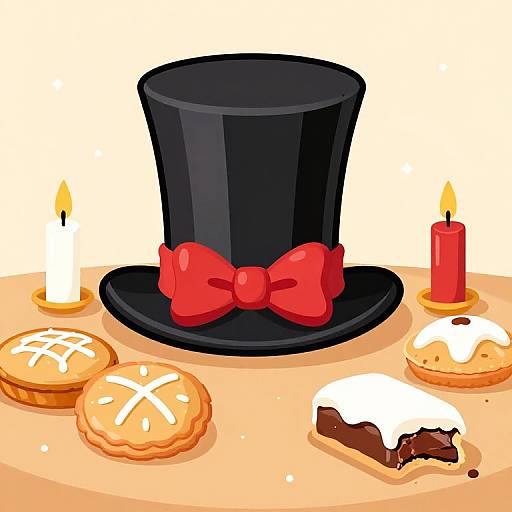 Digital illustration of a black top hat with a red bow, surrounded by three lit candles, two pie slices, and a chocolate cake with white icing and