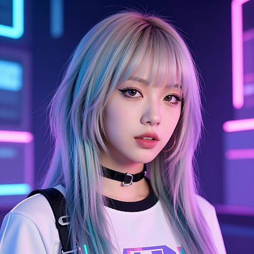 Photorealistic CGI portrait of an Asian woman with long, silver-blue hair, wearing a black choker and white shirt, bathed in neon blue
