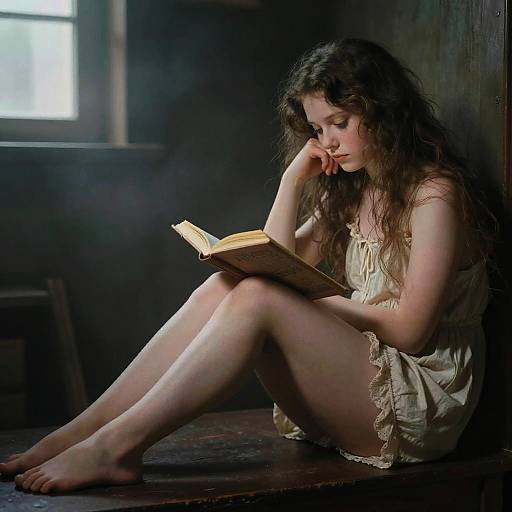 Photograph of a young woman with long curly brown hair, wearing a beige nightgown, sitting on a wooden floor, reading a book in a