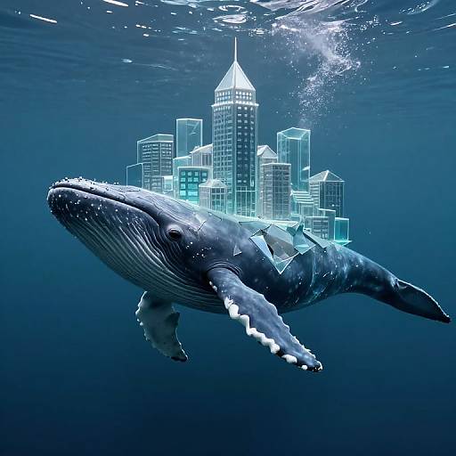 Digital artwork of a large blue whale swimming underwater with a glowing, futuristic cityscape of skyscrapers on its back.
