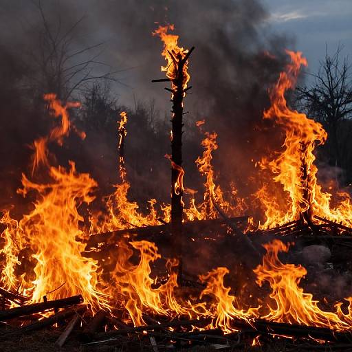 Photograph of intense orange and yellow flames engulfing a pile of burning wood, with dark smoke rising and bare trees silhouetted in the background