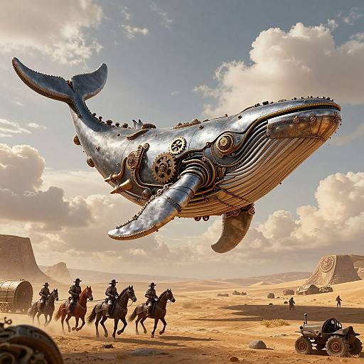 Photograph-style CGI of a metallic, steampunk-style whale flying over a desert with silhouetted riders and ancient structures in the background.