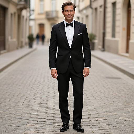 Photograph of a smiling man in a black tuxedo with bow tie, white shirt, standing on a cobblestone street in a European-style