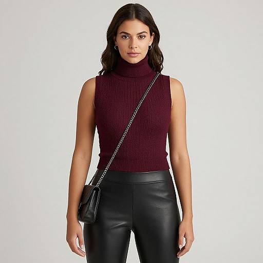Photograph of a woman with dark hair, wearing a sleeveless maroon turtleneck, black leather pants, and a black crossbody bag.