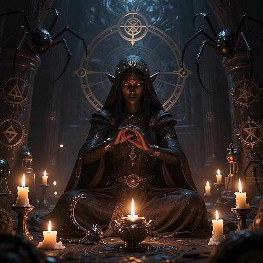 Dark elf sorceress in black robes, meditating among lit candles, mystical symbols, and spider-like creatures in a dimly lit, gothic