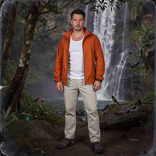 Photograph of a bearded man in an orange jacket, white shirt, beige pants, standing in front of a lush jungle waterfall, with colorful birds