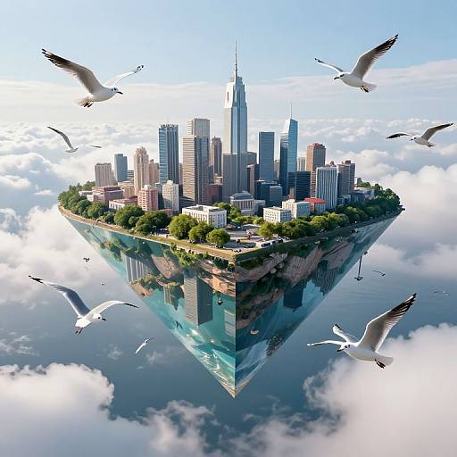 Digital artwork of a floating city with skyscrapers, greenery, and seagulls soaring above, surrounded by clouds and blue sky.