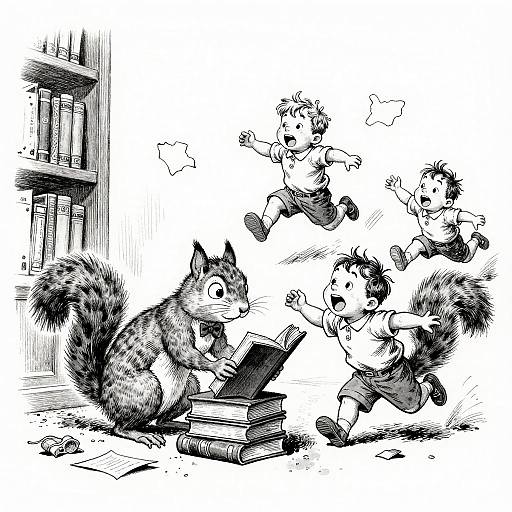 Black-and-white cartoon: Squirrel reading books, three excited children flying towards it, bookshelf on left, scattered papers, energetic, playful scene.