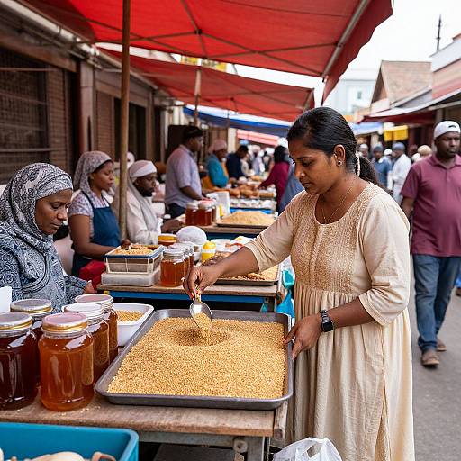 Photograph of a bustling outdoor market: African woman in white traditional dress scoops spices from tray, while another woman in hijab watches, jars of