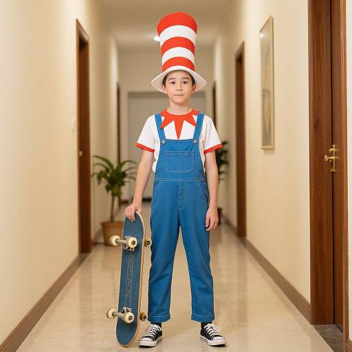 Photograph of a young boy in blue overalls, white shirt, red bowtie, striped hat, holding a skateboard in a bright hallway.
