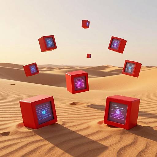 Digital CGI image of seven red, cube-shaped devices with glowing screens floating in a sunlit, sandy desert landscape.