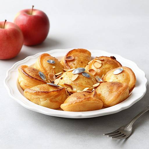 Photograph of golden-brown, cinnamon-spiced apple slices garnished with almonds and pistachios on a white plate, with red apples in background