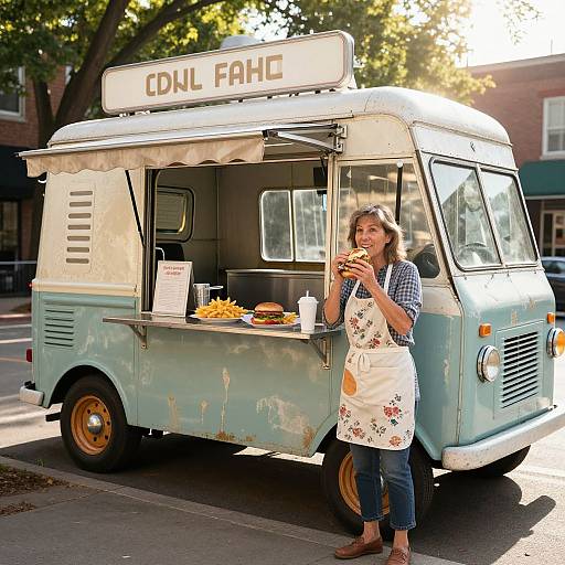 Photograph of a smiling woman with brown hair, wearing a blue checkered shirt and floral apron, eating at a vintage blue 