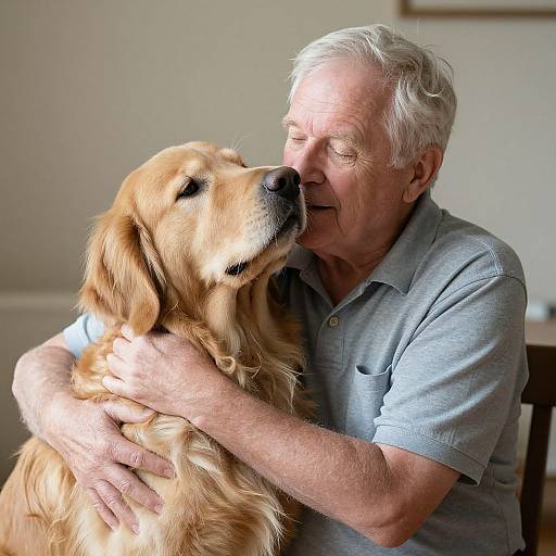 Photograph of an elderly white man with gray hair, wearing a gray polo shirt, hugging and kissing a golden retriever. Warm indoor light.
