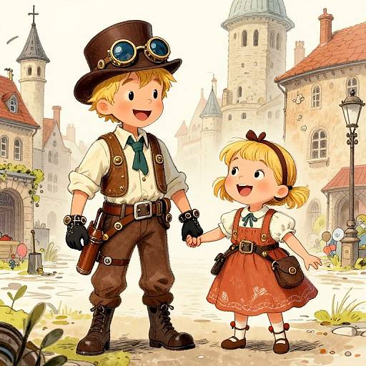 Colorful digital illustration of a blonde boy in steampunk attire holding hands with a blonde girl in a red dress in a medieval village. Both smile