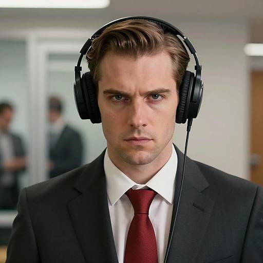 Serious businessman wearing headphones in office