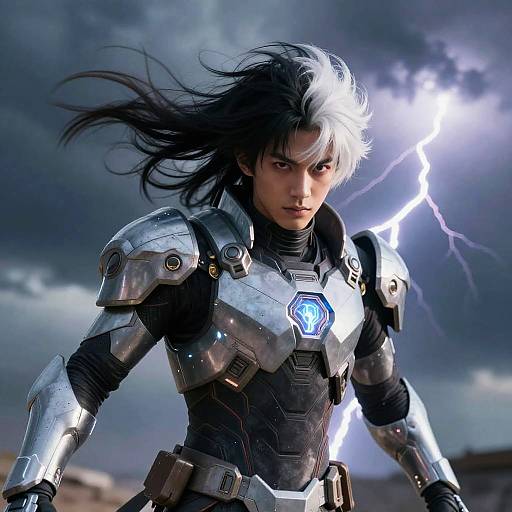 Digital artwork of a fierce, silver-haired woman in futuristic armor with glowing blue chest emblem, lightning bolt illuminating stormy sky.