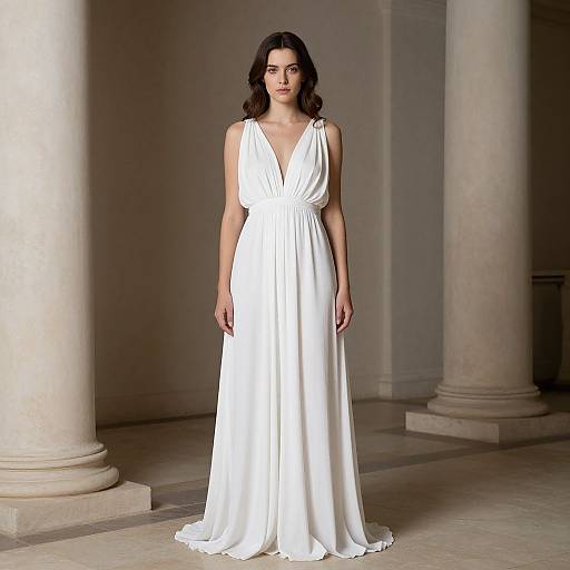 Photograph of a fair-skinned woman with dark, wavy hair wearing a sleeveless, deep V-neck white gown, standing in an elegant,