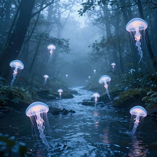 Photograph of a mystical forest stream at night, illuminated by glowing blue jellyfish-like creatures floating above the water. Dense trees and mist create a magical
