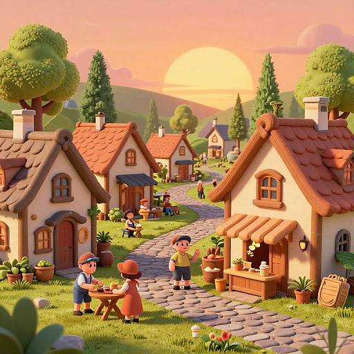 Whimsical digital illustration of a charming village at sunset with colorful houses, cobblestone path, potted plants, and children playing.