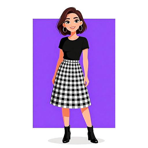 Digital cartoon of a smiling woman with brown hair, wearing a black top, black-and-white checkered skirt, and black ankle boots, standing against a
