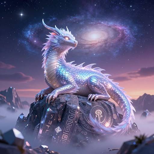 Digital fantasy artwork of a glowing white dragon with icy scales, perched on a mystical, patterned rock under a starry, galaxy-filled sky.