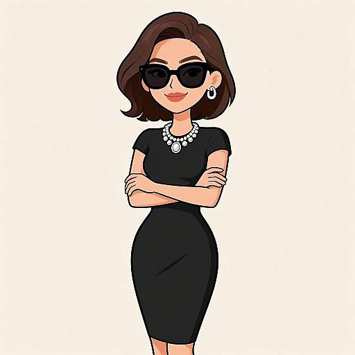 Cartoon-style digital drawing of a confident woman with short brown hair, black sunglasses, black dress, necklace, earrings, arms crossed, smiling. White