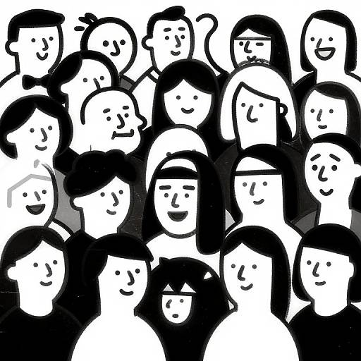 Black-and-white digital drawing of a dense crowd of simple, smiling, cartoon-like human faces with black hair and minimal facial details.