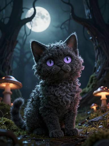 Digital artwork of a curly-haired, glowing purple-eyed kitten with a fluffy coat, sitting in a dark, moonlit forest, surrounded by glowing mushrooms.