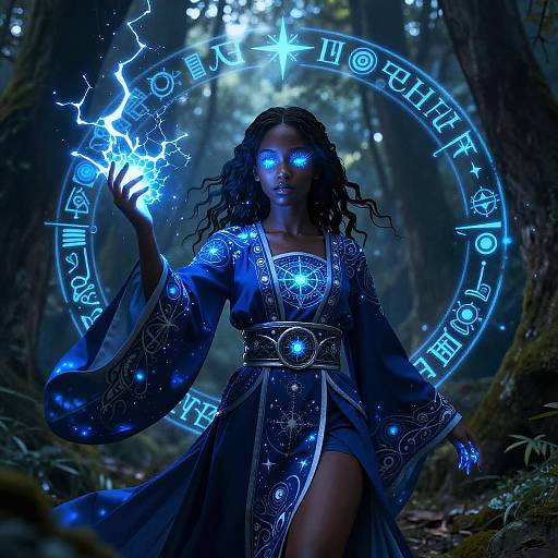 Digital fantasy artwork of a glowing blue-eyed, dark-skinned woman in a magical robe, casting a blue electric spell in a dark forest, surrounded by