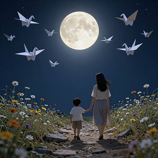 Photograph: Mother and child hold hands, gaze at full moon, surrounded by paper cranes, daisies, and wildflowers on a rocky