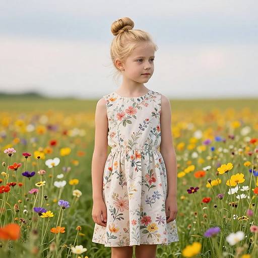 Photograph of a blonde, fair-skinned young girl with a bun, wearing a white floral dress, standing in a vibrant wildflower field.