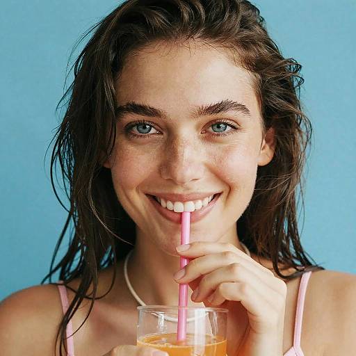 Smiling Woman Sipping Orange Drink