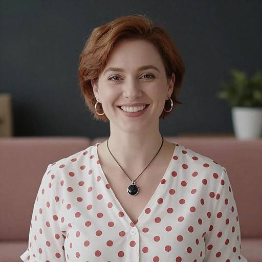 Smiling Woman in Polka Dot Blouse