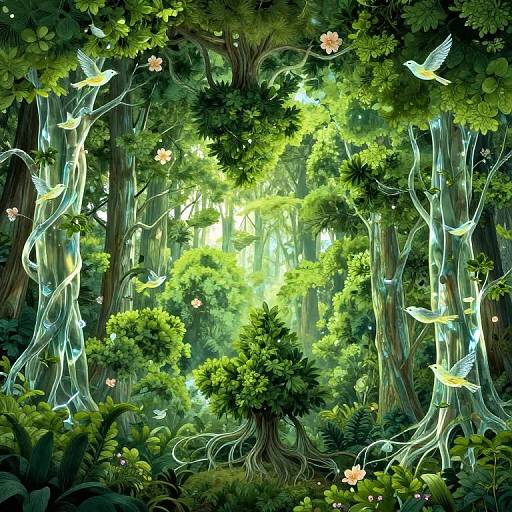 Digital fantasy forest scene with glowing, ethereal birds flying among vibrant green trees, luminescent vines, and small pink flowers. Sunlight filters through