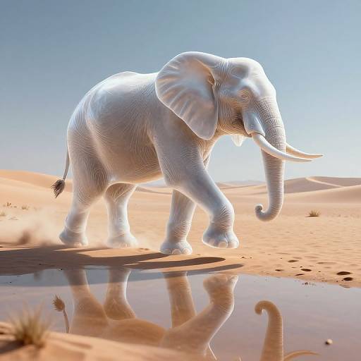 Photorealistic CGI of a white, glowing elephant walking in a desert, with a reflective water puddle below, under a bright, clear blue sky