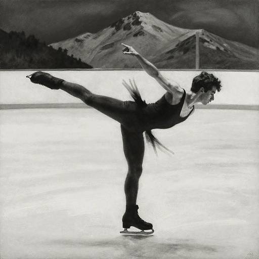 Charcoal Painting of Figure Skater in Snowy Mountain Landscape