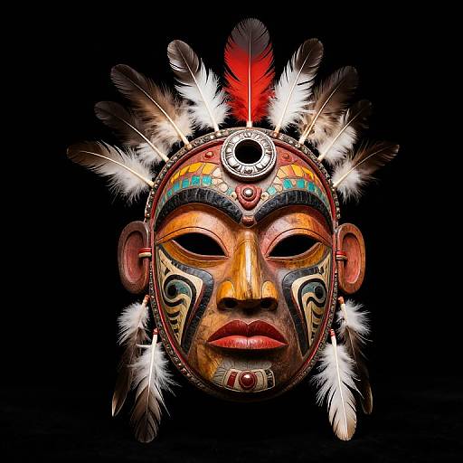 Vibrant Native American mask with orange skin, black eyes, red lips, and colorful patterns, adorned with red and white feathers, against black background