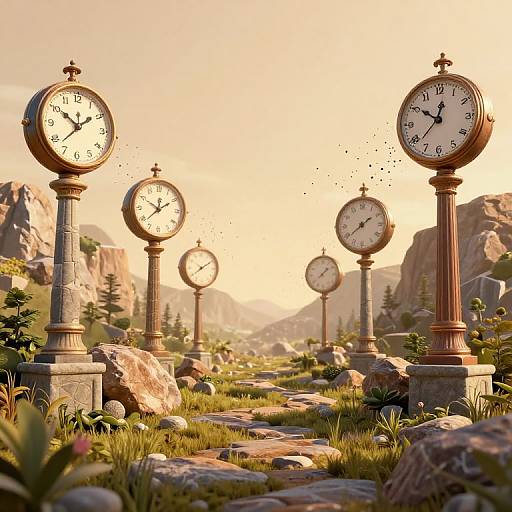 Photorealistic digital artwork: Six antique clock towers with white faces and black hands, standing on stone pedestals, in a sunlit, rocky mountain