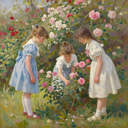 Three young girls in vintage dresses, admiring pink roses in a sunlit garden. Impressionist painting with vibrant colors and soft brushstrokes.