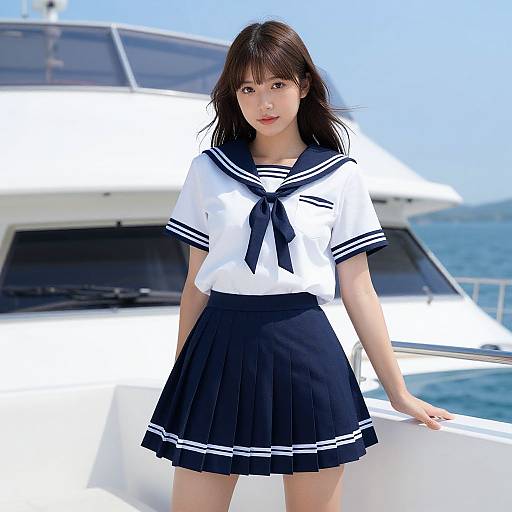Asian woman in a white sailor uniform with black trim and pleated skirt, standing on a white yacht, blue sky background. Photographic image.
