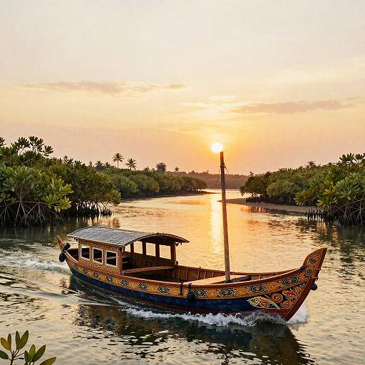 Sunset Barge in Mangrove Batik Watercolor