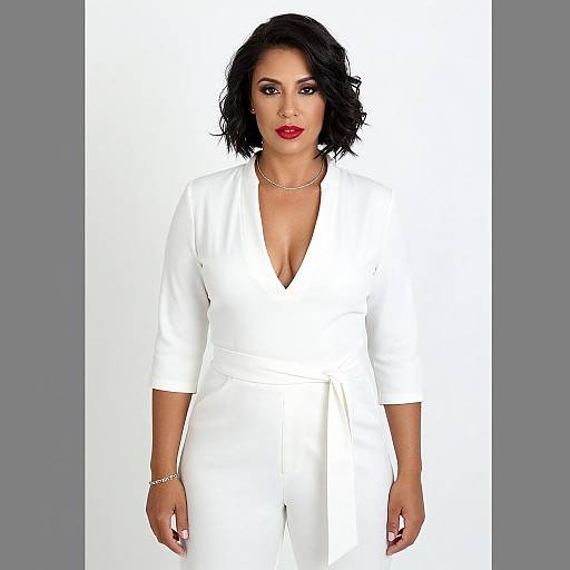 Photograph of a confident woman with medium-dark skin, black wavy hair, red lipstick, wearing a low-cut white dress and silver jewelry, standing
