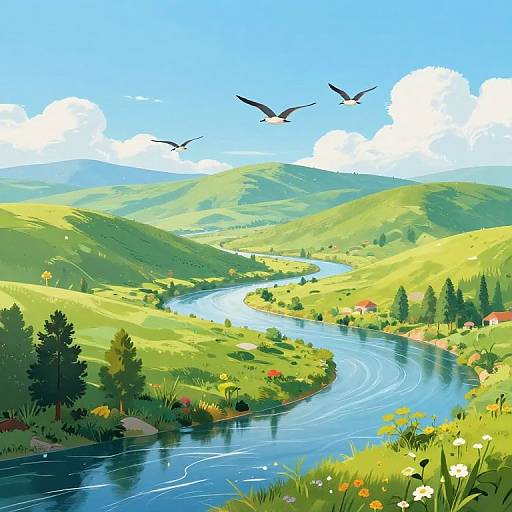 Digital illustration of a winding river through green hills with trees, small red houses, and flying birds under a bright blue sky.